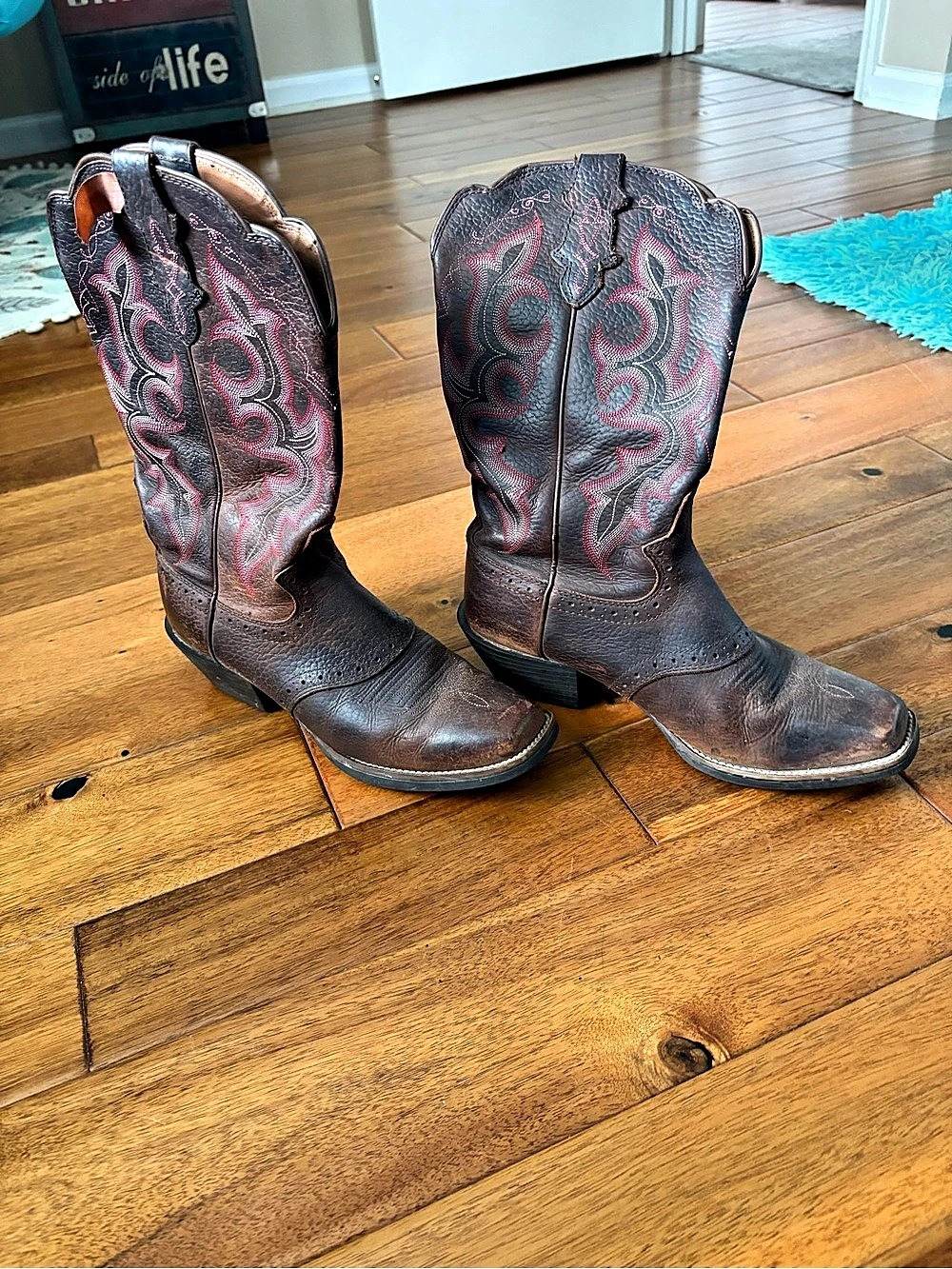 Justin Women's Brown and Pink Embroidery Square Toe Western Boots Rubber sole
